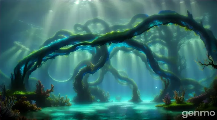 magic blue underwater forest. A man walks in and is confronted by a giant octopus.