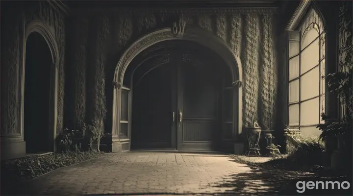 Mansion entrance covered in vines and cobwebs, with an old wooden door slightly ajar.