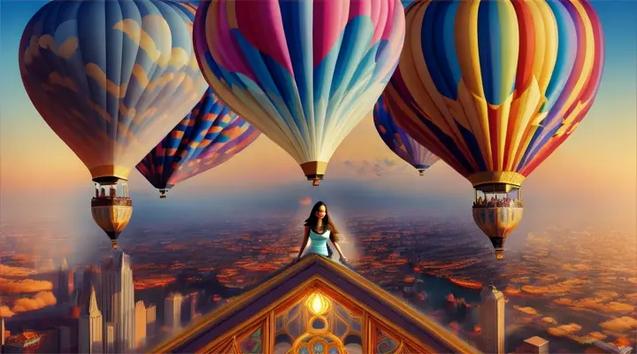 A beautiful woman standing at a window overlooking a fantastical cityscape, complete with floating islands and colorful hot air balloons