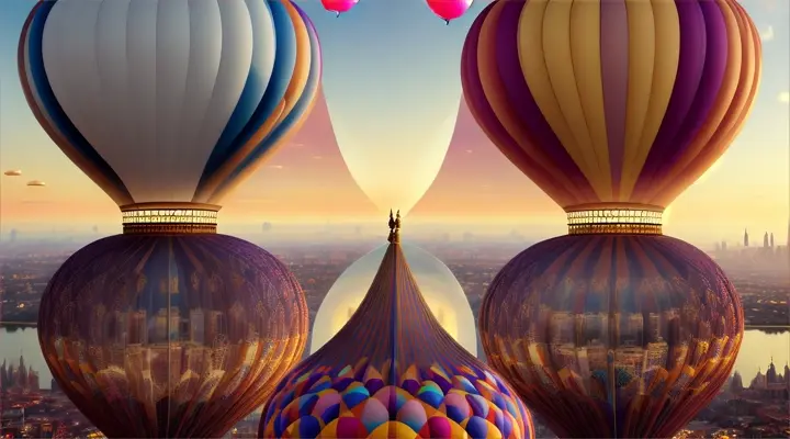 A beautiful woman standing at a window overlooking a fantastical cityscape, complete with floating islands and colorful hot air balloons