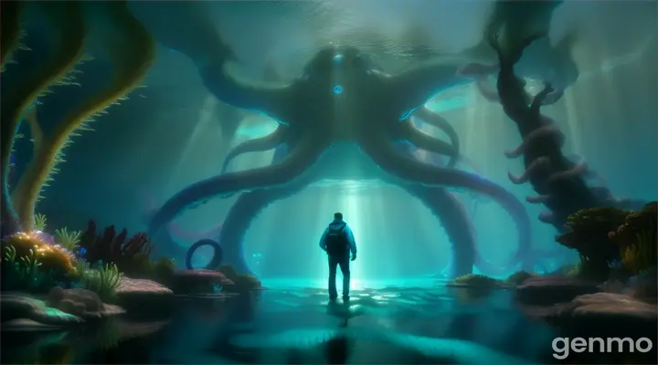 magic blue underwater forest. A man walks in and is confronted by a giant octopus.