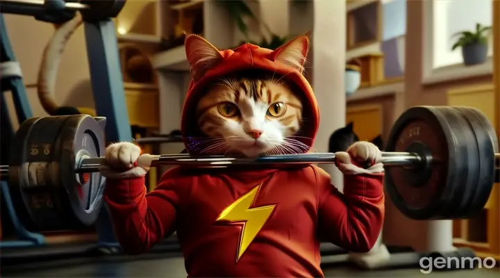 a cat dressed as a superhero lifts a barbell