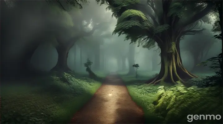 Dense jungle path leading to the mansion, shrouded in mist.