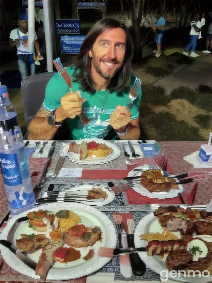 a man sitting at a table with plates of food