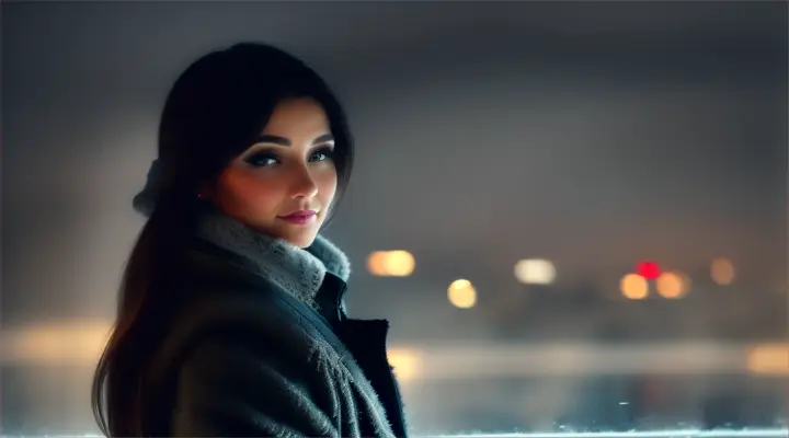 A beautiful woman standing by a foggy, frosty window, admiring a shimmering, snowy city skyline at night