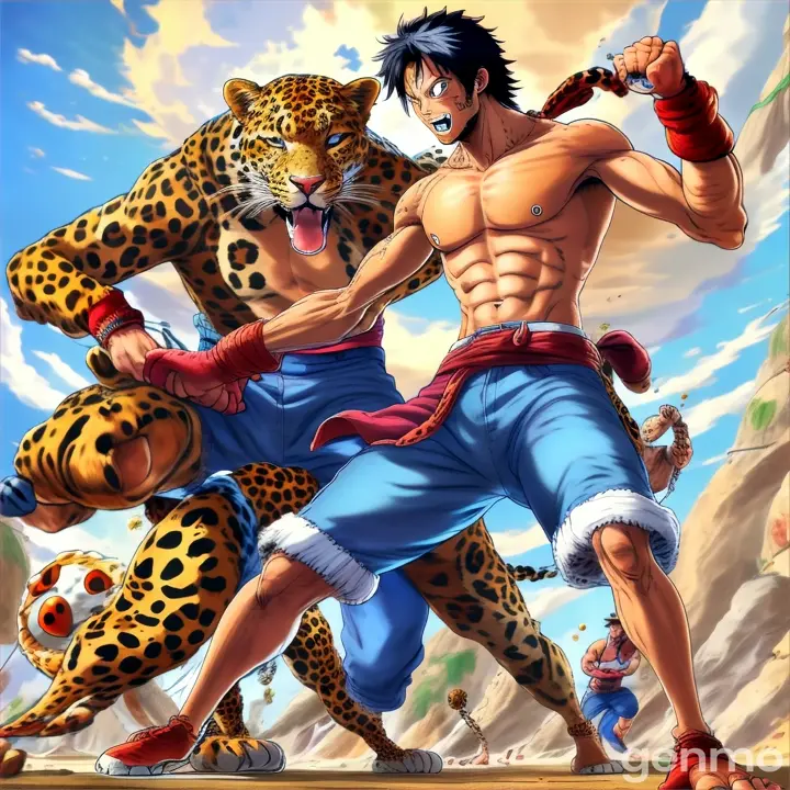 a cartoon of a man fighting with a leopard