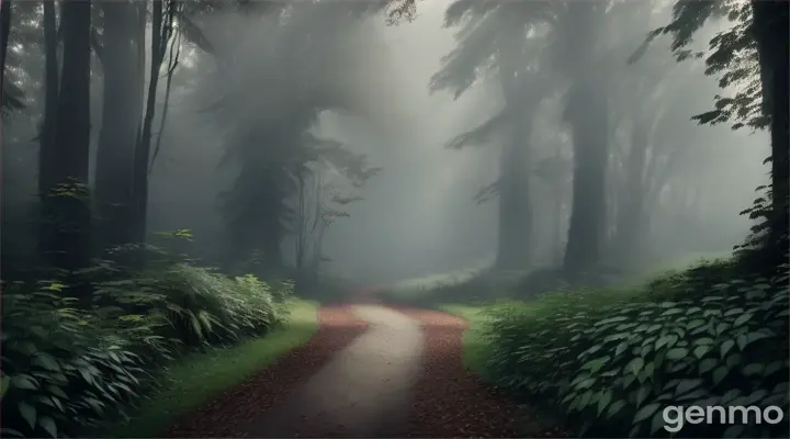 Dense jungle path leading to the mansion, shrouded in mist.