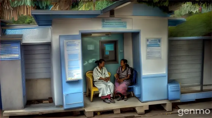 a couple of women sitting in a small blue building