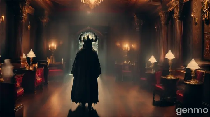 The devil appears walking in the wizard's room wide angle shoot cinematic 