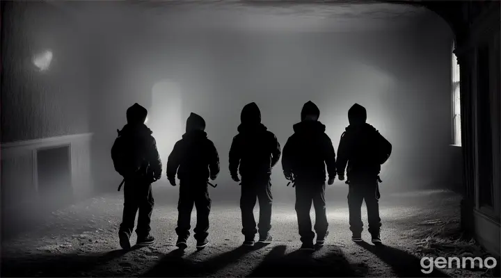 Group of young boys holding flashlights, nervously entering the mansion.