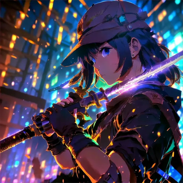 a woman holding a sword in a city at night