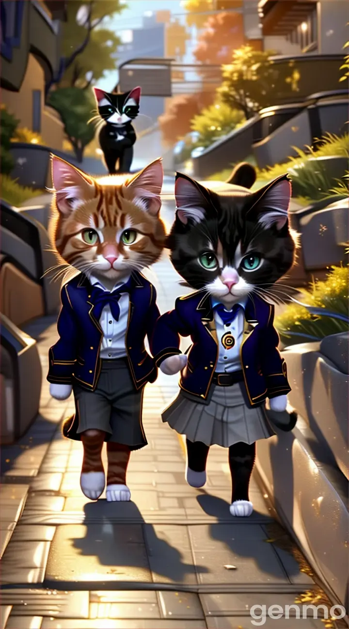 a couple of cats walking down a street next to each other