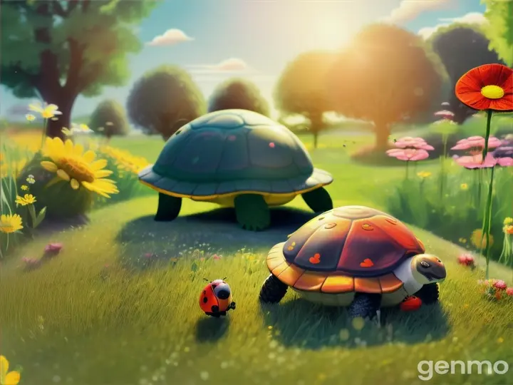 Timmy the Turtle is playing in a sunny meadow with Lola the Ladybug. They are hopping around, but Timmy seems puzzled.

