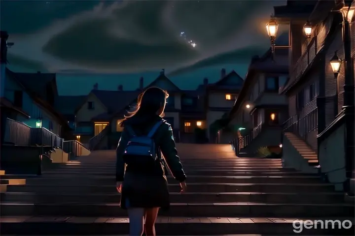 a woman walking down a flight of stairs at night