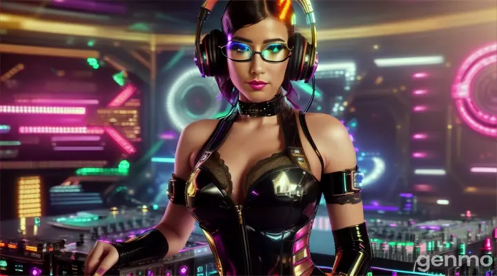 A slender woman with a bigger bust than usual in steampunk sunglasses, shiny headphones and a low-cut latex swimsuit stands near a DJ's mixing console and an electric piano in a steampunk club. A minimum of clothes. Laser beams of bright colors on the background of large television screens.