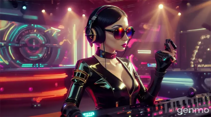 A slender woman with a bigger bust than usual in steampunk sunglasses, shiny headphones and a low-cut latex swimsuit stands near a DJ's mixing console and an electric piano in a steampunk club. A minimum of clothes. Laser beams of bright colors on the background of large television screens.