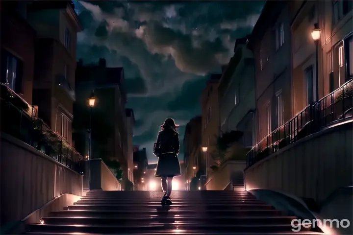 a woman walking down a flight of stairs at night