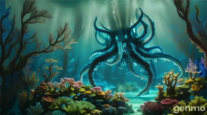 magic blue underwater forest. A man walks in and is confronted by a giant octopus.