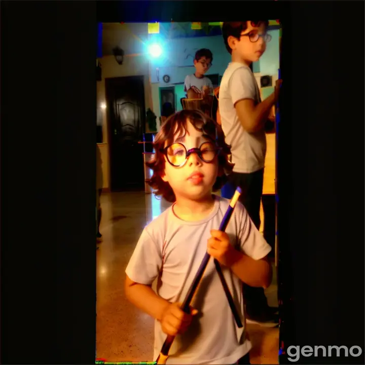 a young boy with glasses holding a stick