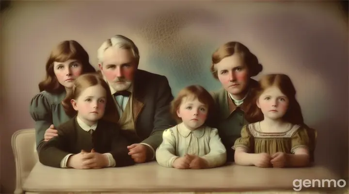 Old, faded family photograph with blurred faces, lying on a dusty table.