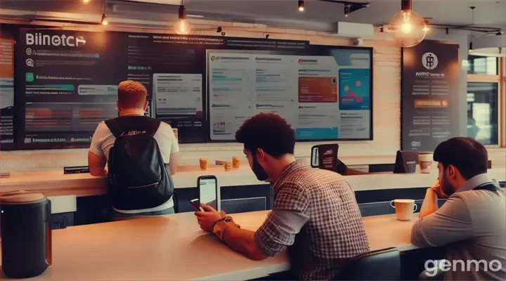 A man in a modern coffee shop, holding a smartphone, hesitates before confirming a Bitcoin transaction. People around him look on curiously, some with suspicious expressions. A poster on the wall highlights the advantages of cryptocurrencies, while a nearby screen displays news about Bitcoin’s growing acceptance. The scene reflects the challenge of demystifying and educating the public about Bitcoin’s everyday use.