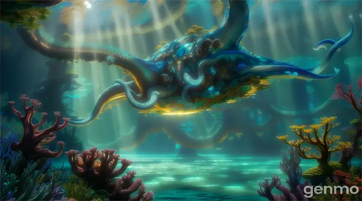 magic blue underwater forest. A man walks in and is confronted by a giant octopus.