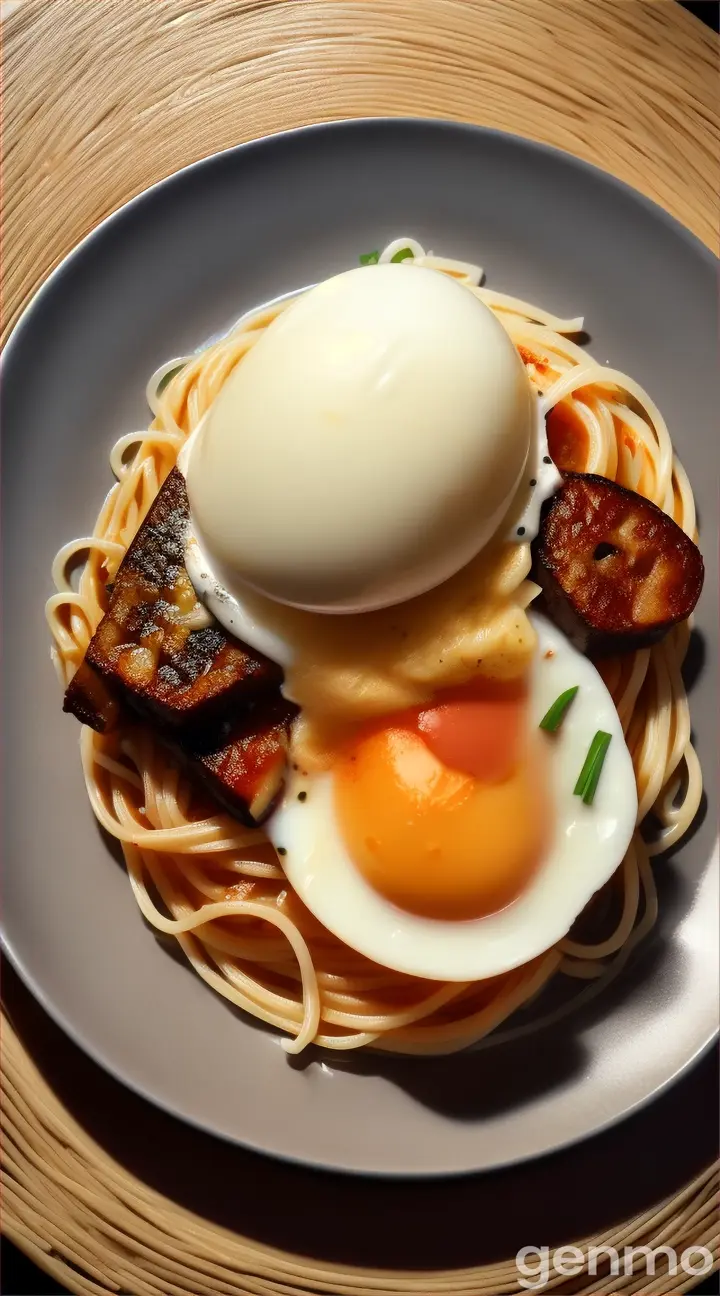 Cracking an egg on top of spaghetti 