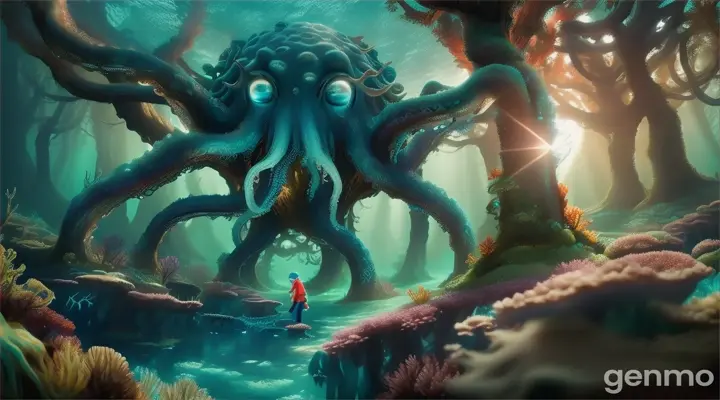 magic blue underwater forest. A man walks in and is confronted by a giant octopus.