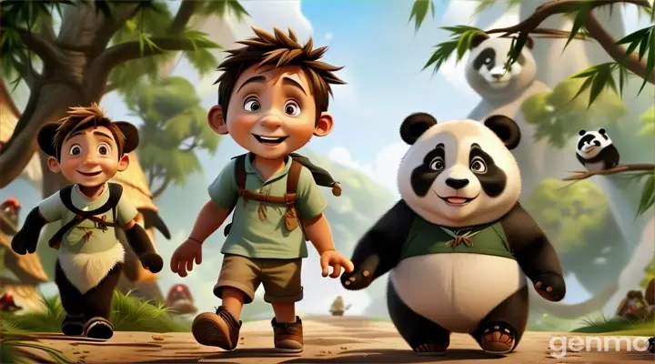 a boy and a panda bear are walking down a path 