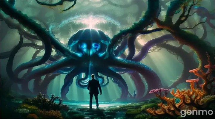 magic blue underwater forest. A man walks in and is confronted by a giant octopus.