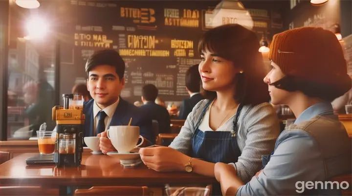 In a café, friends discuss Bitcoin. One enthusiast explains that while Bitcoin is emerging as a store of value, it still faces challenges in gaining global acceptance as a means of payment. The conversation touches on the need for technological advancements, regulatory clarity, and public education to shape its future.