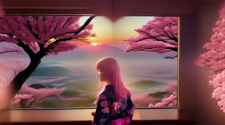 A woman amidst pink cherry blossoms at the window of a Japanese-style room, looking out at a city in the clouds.