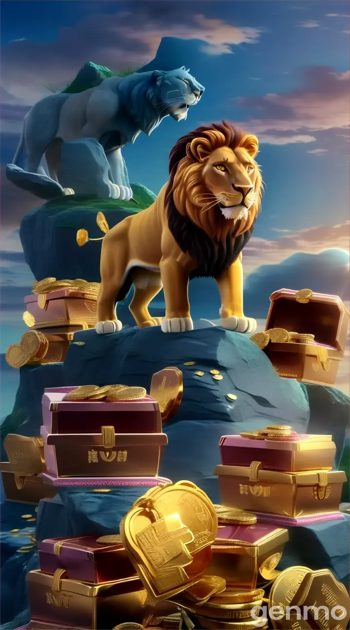 a lion standing on top of a pile of gold coins