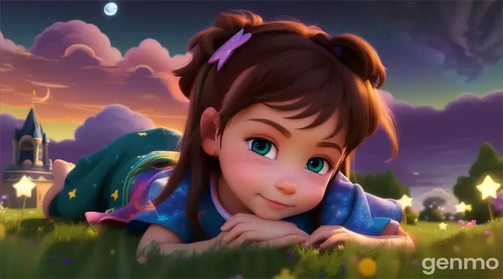 Layla was a little girl who loved looking up at the night sky. She often wondered: What are those bright dots? What are those shapes the clouds make? 3D cartoon