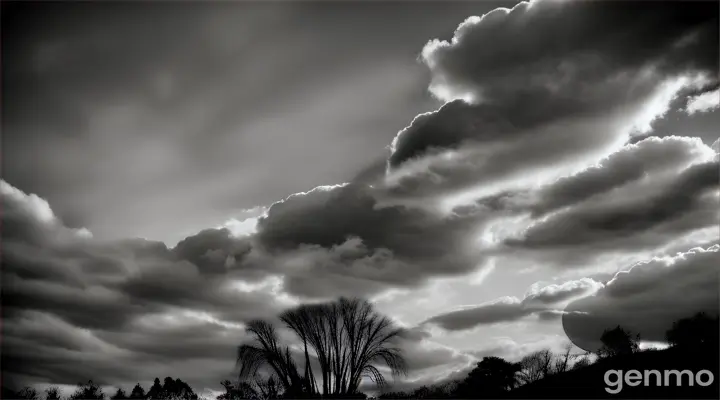 cloudy sky and a faint moon casting eerie shadows