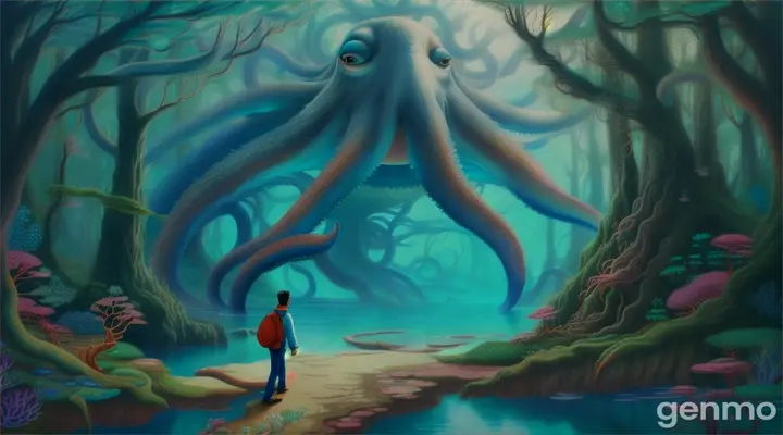 magic blue underwater forest. A man walks in and is confronted by a giant octopus that traps him.