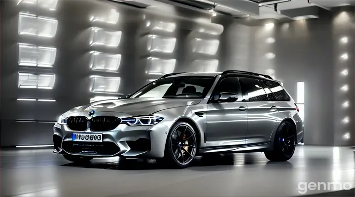 Bmw m5 touring noir dans un salons blanc filmer des 4 côté 