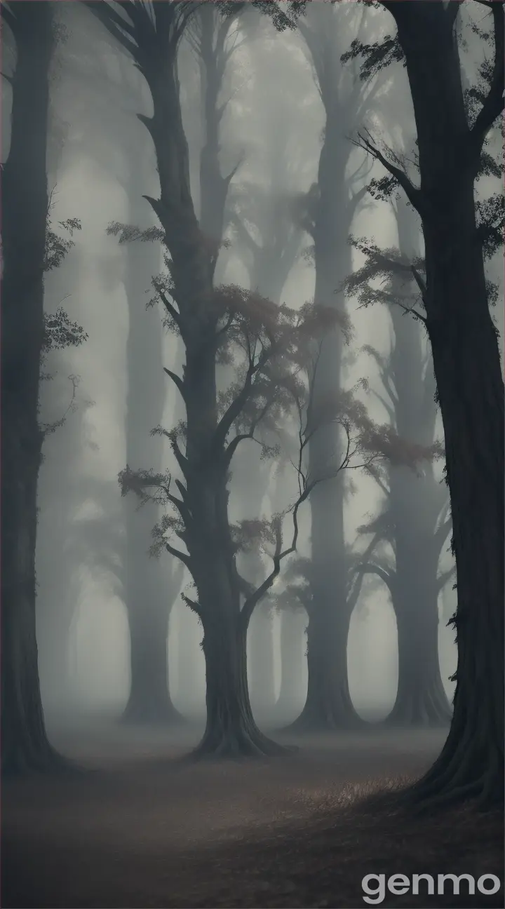 A dark, timeworn forest with spectral spirits appearing beneath the heavy canopy