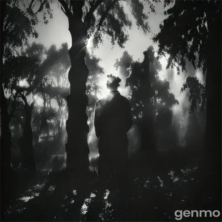 a black and white photo of a person standing under a tree glowing light and retro decor