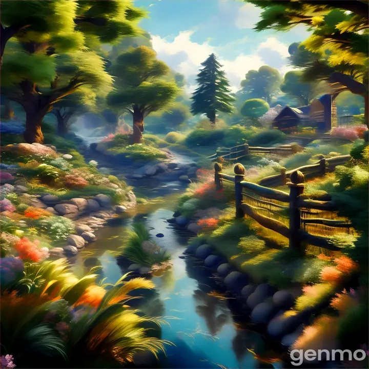 a painting of a river running through a lush green forest