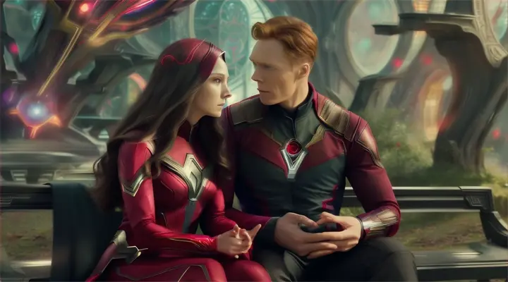 marvel cinematics:action:Wanda Maximoff (Scarlet Witch) and Vision( Paul Bettany as Vision in Avengers Infinity War):A peaceful moment with them sitting together, Vision's head on Wanda's lap