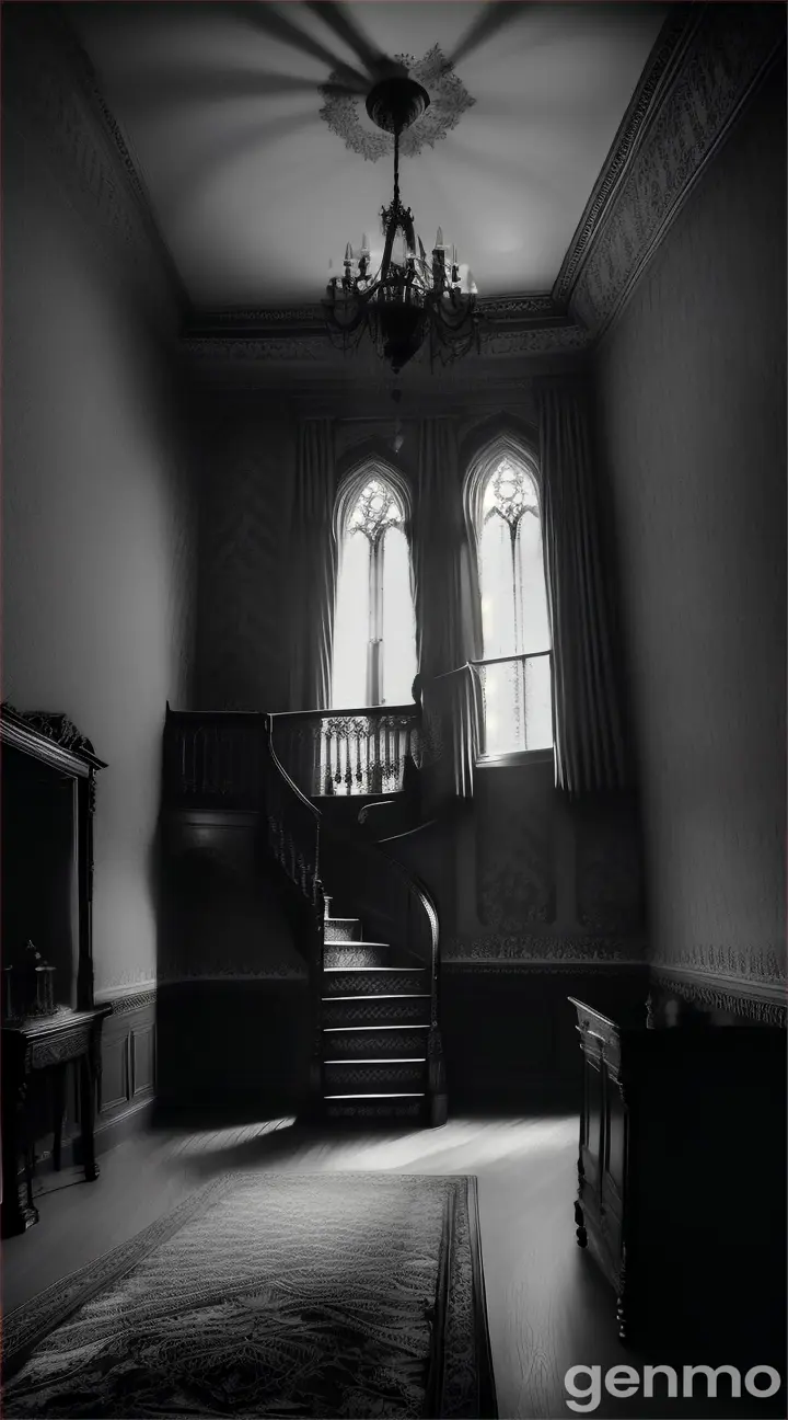 "A dark, eerie bedroom in an old, haunted mansion