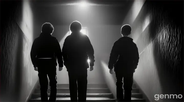 The boys walking cautiously down the stairs into a dark basement.