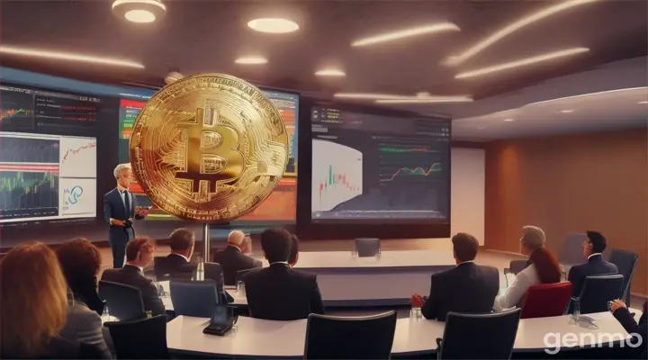 Leaders and experts discuss in a modern room. A graphic on the screen highlights the integration of cryptocurrencies into the economy. An expert talks about how favorable regulations and proprietary digital currencies are creating an ideal environment for Bitcoin as a store of value and means of payment.