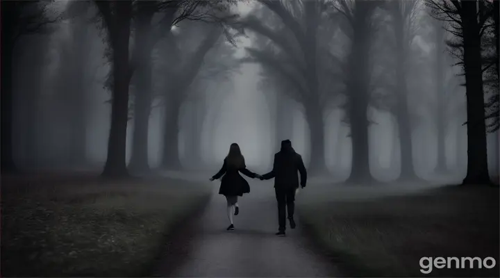 **Fatima and Ahmed desperately trying to escape the forest, with shadows and eerie lights surrounding them.**