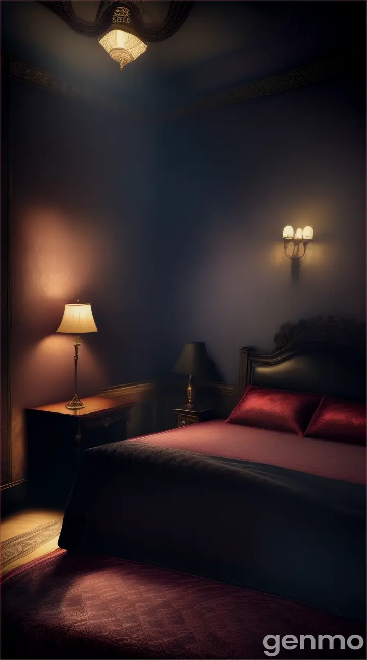 A large, antique bed with an ominous aura dominates the room.