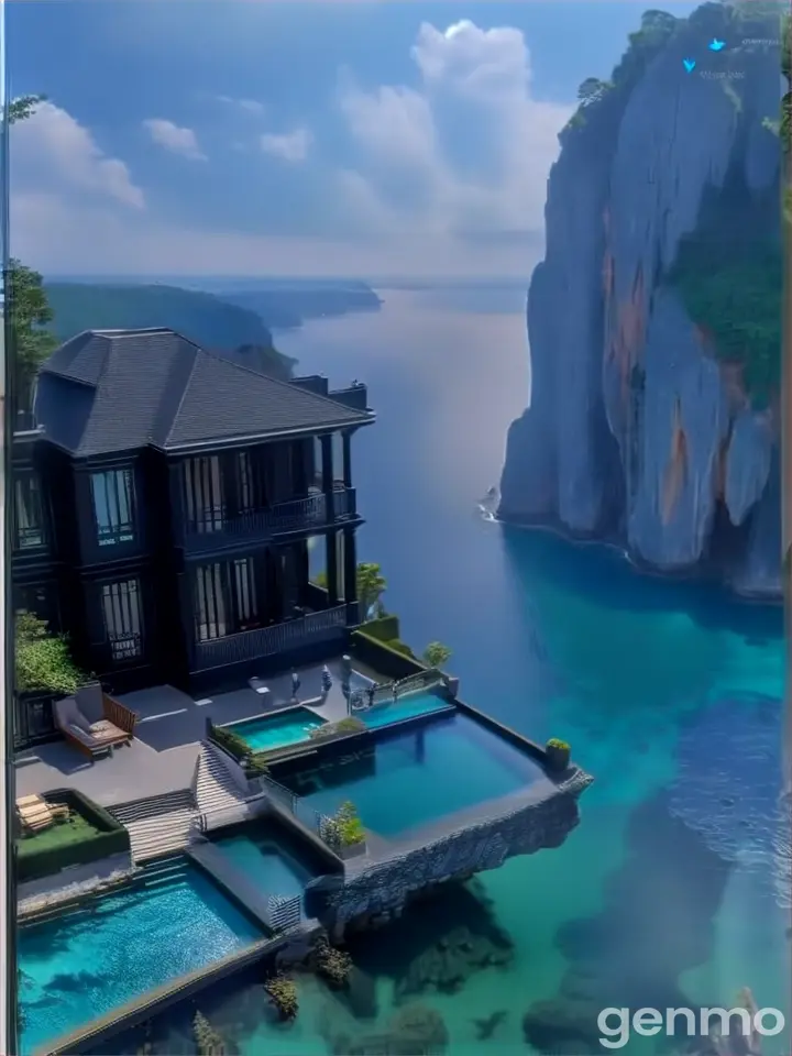 a large house sitting on top of a cliff next to a body of water