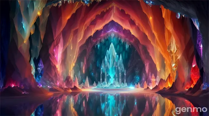 Crystal cave illuminated by luminous stones, sparkling reflections, fantasy illustration