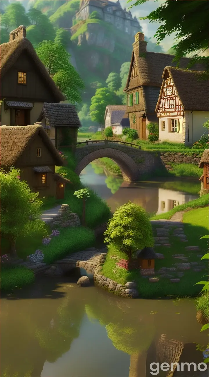 A serene village scene: A small, picturesque village with traditional houses surrounded by lush greenery, a gentle river flowing nearby, and a peaceful atmosphere.