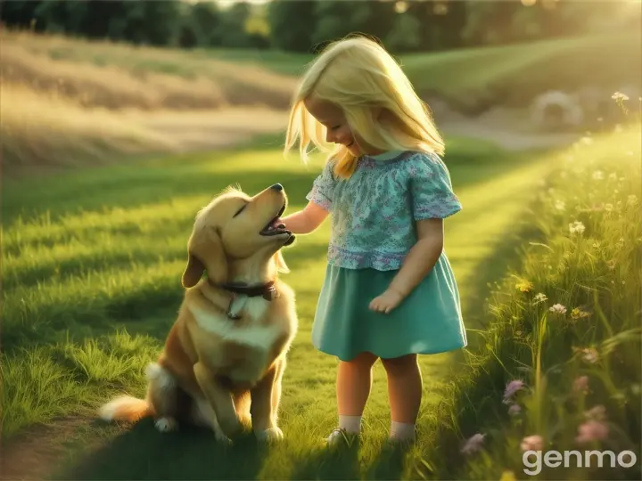 blonde little girl playing with her dog